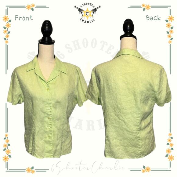 Dandy by Randim 100% Linen Button Up Top Womens Size L Green Short Sleeve Office - Picture 1 of 6